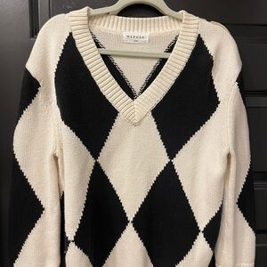 Black and Cream Argyle V-Neck Sweater
